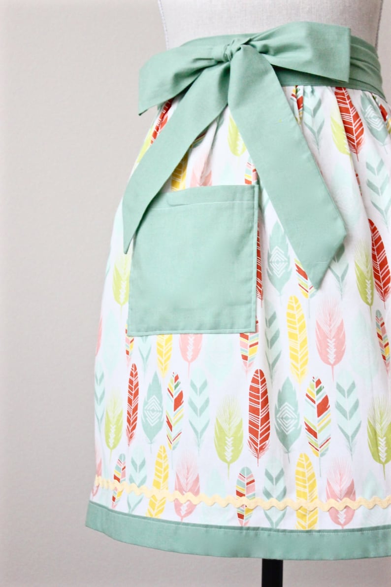 Feathers Womens Kitchen Half Apron Sage Orange and Yellow Feather Fabric Print