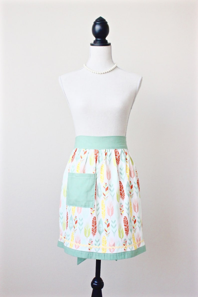 Feathers Womens Kitchen Half Apron Sage Orange and Yellow Feather Fabric Print