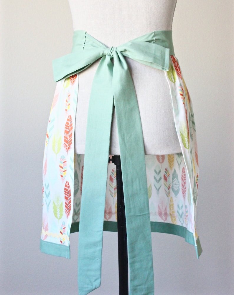 Feathers Womens Kitchen Half Apron Sage Orange and Yellow Feather Fabric Print