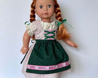 Girl doll Dirndl, Bavarian, Nordic dress for doll, Tyrollean/Swiss costume, Fraulein outfit,  Sewn to fit like American.Girl doll clothes