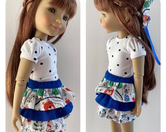 3 piece outfit for 14-15” dolls, Wellie or Ruby Red Fashion Friend ruffle skirt, Polka dot shirt, Coordinating hair bow, Fits Wellie.Wisher