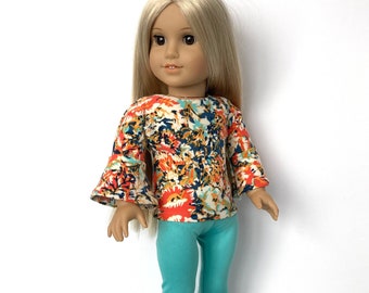 2piece outfit bell sleeve top and leggings, Zipper close tunic, Invisible zipper back closure, outfit fits like American.Girl doll clothes