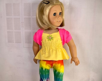 Three piece doll outfit, Super fun tie-dyed leggings, Hot pink Shrug sweater, Yellow top, Play clothes fit like American.Girl doll clothes