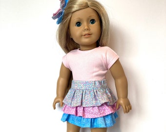 Ruffled skirt for 18” doll, Coordinating hair bow, Designer skirt with optional shirt fits like American.Girl doll clothes