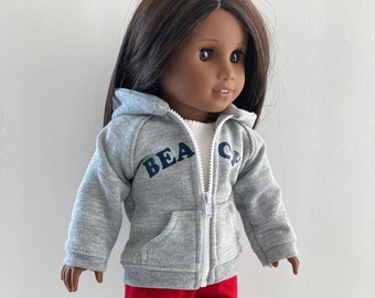 Girl Doll hoodie with BEACH logo, Zipper jacket, Sweatshirt with pockets, Beach hoodie, Sewn to fit like Americas Girl Doll clothes