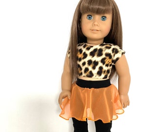 2 piece outfit, girl doll pull-on skirt & attached leggings, Leopard crop top,  Fits American.Girl doll