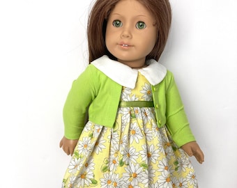 American.girl size dress with collar, Cardigan jacket dress, Daisy print with lace trim, Optional bow flats, fits like American.Girl clothes