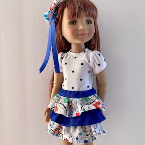 Doll Outfit: Ruffle Skirt, Polka Dot Shirt, Hair Bow - RRFF & Wellie Wisher