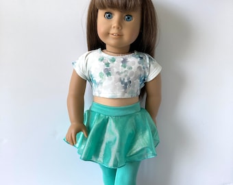 2 piece outfit, Girl doll pull-on skirt with attached leggings, Soft Crop tshirt,  Leggings attached, Fits American.Girl doll