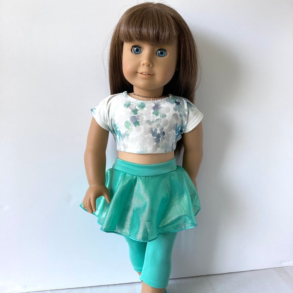 2 piece outfit, Girl doll pull-on skirt with attached leggings, Soft Crop tshirt,  Leggings attached, Fits American.Girl doll