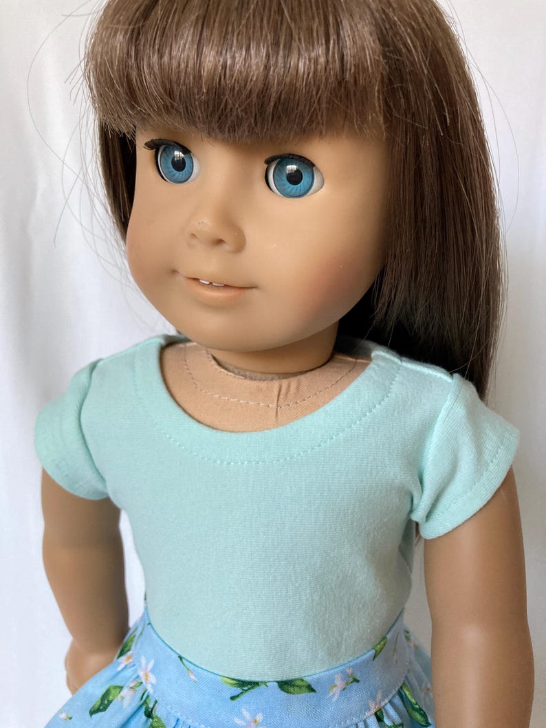Puede incluir: Una mu&ntilde;eca con cabello casta&ntilde;o y ojos azules, vestida con una camiseta azul claro y una falda azul con un estampado floral. La mu&ntilde;eca tiene una tez clara y mira hacia la c&aacute;mara.