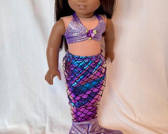 Doll Mermaid Tail Costume: Glittery Bikini, Holographic Scales, Doll can sit or stand