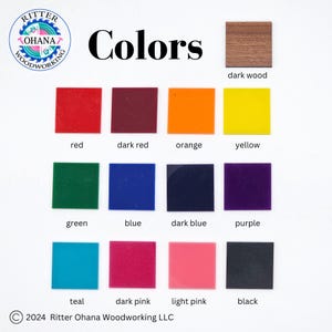 May include: Color chart showing different colors of wood and paint. Colors include red, dark red, orange, yellow, green, blue, dark blue, purple, teal, dark pink, light pink, and black. The chart also includes a dark wood option.