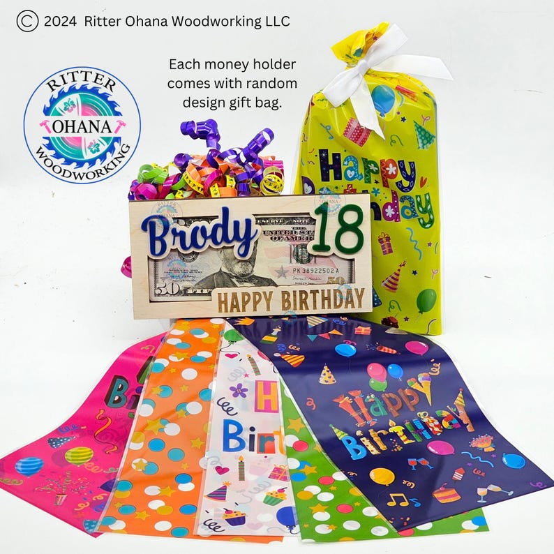 May include: A wooden money holder with the name "Brody" and the number "18" on it. The holder is decorated with a $50 bill and the words "Happy Birthday". The holder comes with a yellow gift bag with the words "Happy Birthday" on it and a variety of colorful gift bags with different birthday designs.