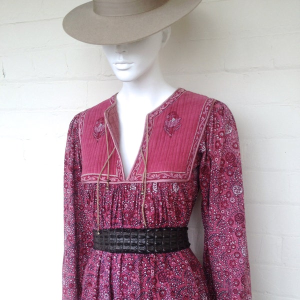 Vintage 70's Indian Dress Boho Cotton Gauze Ethnic Floral Hippie Bohemian Festival Tent Midi DRESS