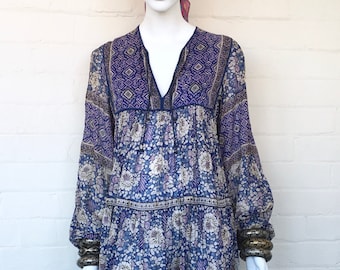 Vintage 70's Indian Dress / India Boho Cotton Gauze Dress / Ethnic Floral Hippie Bohemian Festival Tent Midi Dress