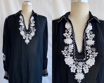 Vintage 70s Hungarian Folk Boho Embroidered Blouse / Bohemian Floral Hippie Peasant Top Shirt