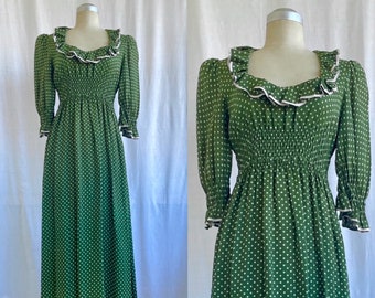 Vintage 70s Polka Dot Prairie Maxi Dress / Puff Sleeve Bohemian Maxi Dress