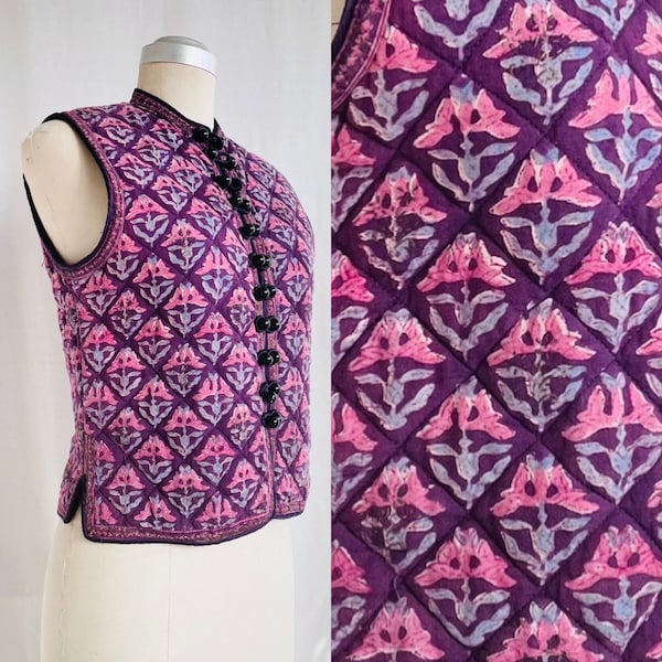 Vintage 70's Phool Indian Quilted Cotton Gauze Vest / Hippie Boho Festival Block Print Waistcoat