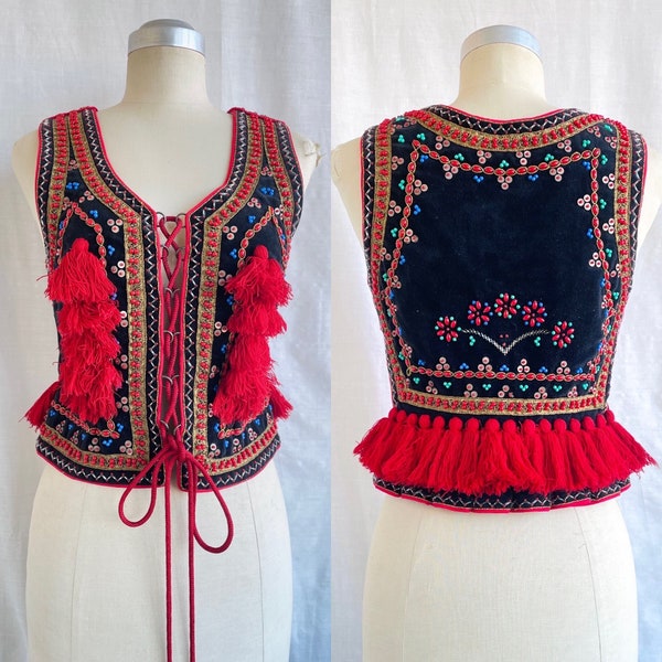 Vintage Handmade Beaded Boho Gypsy Vest With Tassels / Polish Folk Festival Vest