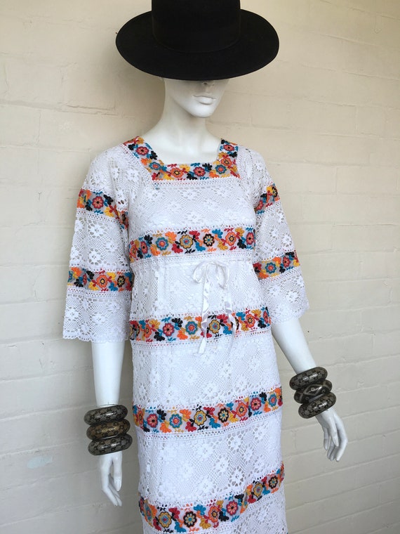 Vintage 70s Mexican Cotton Lace Crochet Maxi Weddi
