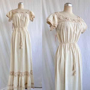 Vintage 70s Cotton Crochet And Lace Bohemian Hippie Maxi Dress