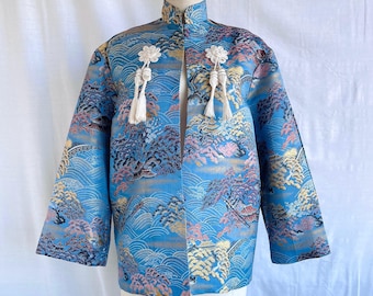Vintage Blue Brocade And White Tassel Chinese Jacket