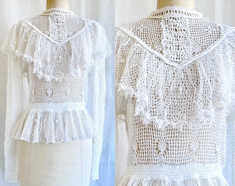 Vintage White Crochet Lace Prairie Blouse / Edwardian Style Net Lace Crochet Blouse