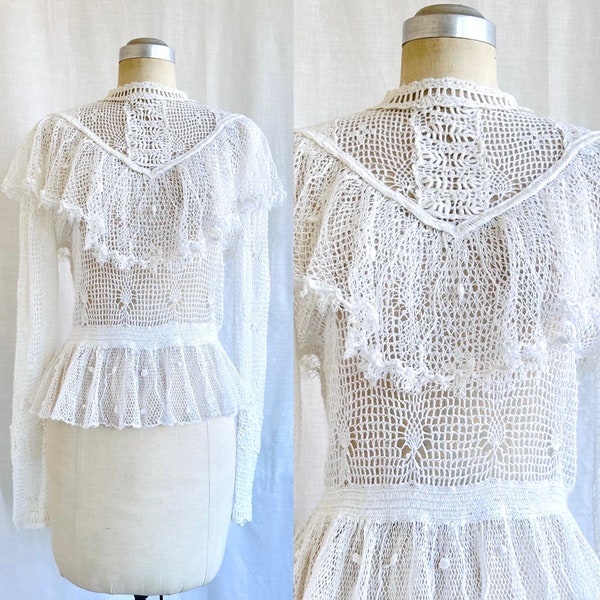 Vintage White Crochet Lace Prairie Blouse / Edwardian Style Net Lace Crochet Blouse