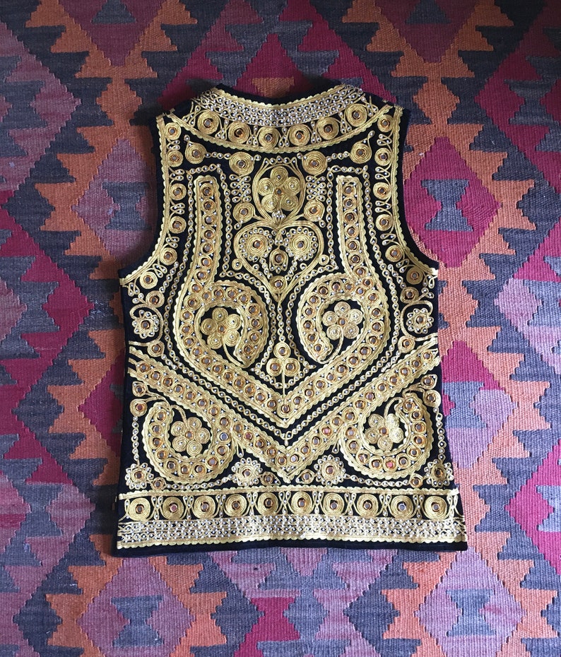 Vintage Embroidered Indian Afghan Velvet Vest Duster Ethnic Festival Hippie Woodstock Gold Thread Boho Gypsy waistcoat