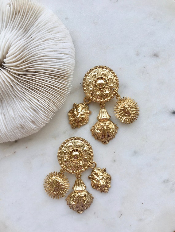 Large Statement Ornate Gold Dangle Earrings / Over