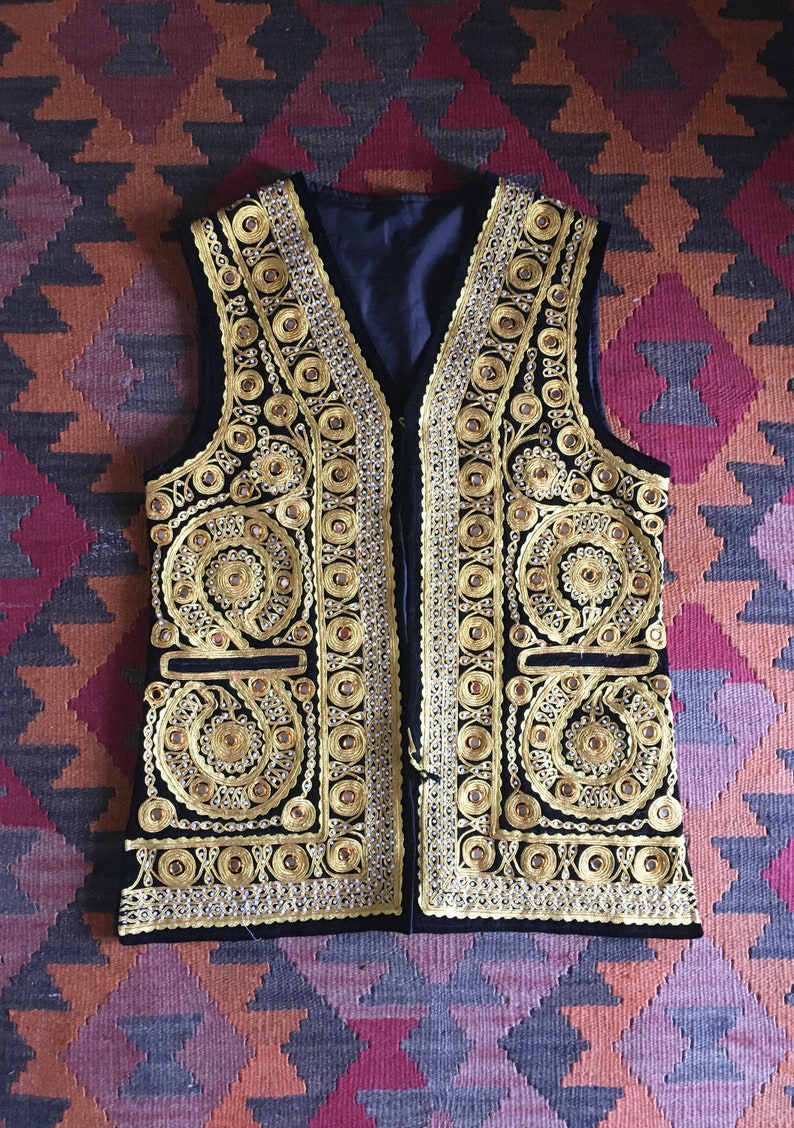 Vintage Embroidered Indian Afghan Velvet Vest Duster Ethnic Festival Hippie Woodstock Gold Thread Boho Gypsy waistcoat