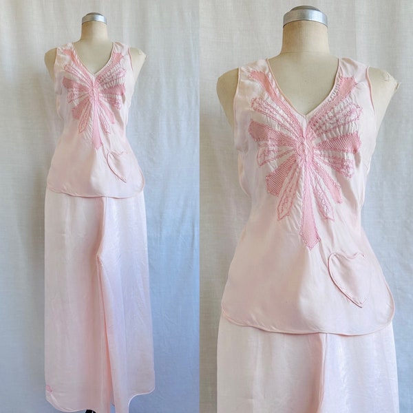 Vintage 30s Hand Embroidered Pink Silk Pyjama Set