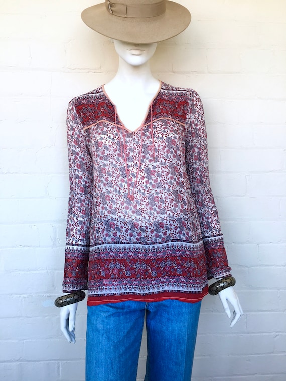 Vintage Indian Cotton Gauze 70s Block Print Blouse