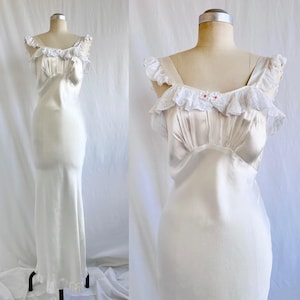 Abito da notte vintage anni '40 in raso liquido, rayon e pizzo con taglio sbieco