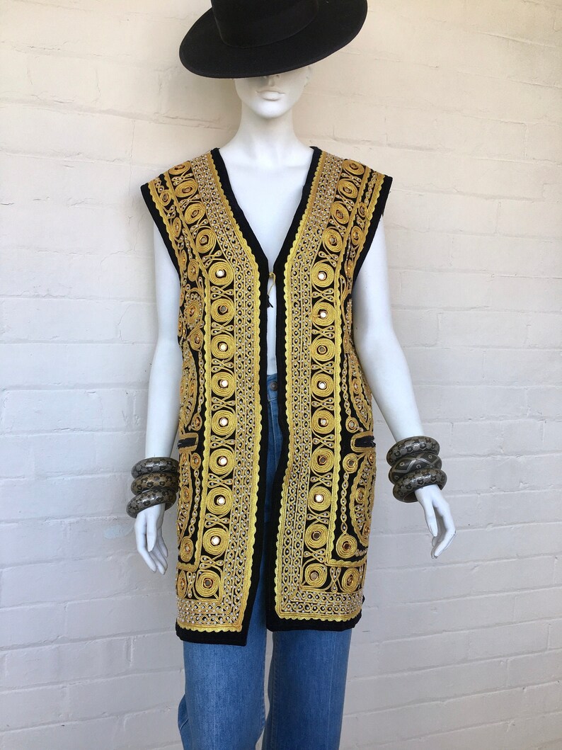 Vintage Embroidered Indian Afghan Velvet Vest Duster Ethnic Festival Hippie Woodstock Gold Thread Boho Gypsy waistcoat