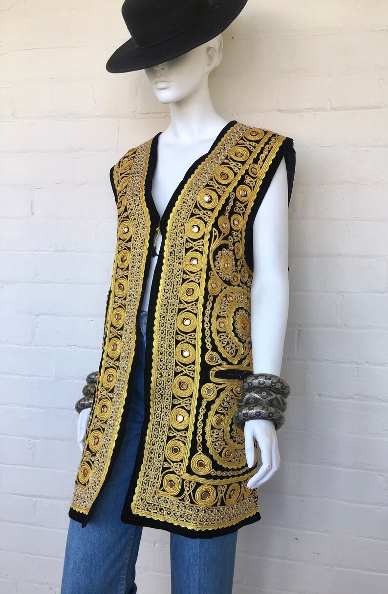 Vintage Embroidered Indian Afghan Velvet Vest Duster Ethnic Festival Hippie Woodstock Gold Thread Boho Gypsy waistcoat