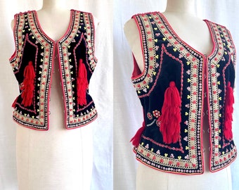 Vintage Handmade Beaded Boho Velvet Vest With Tassels / Polish Folk Festival Vest