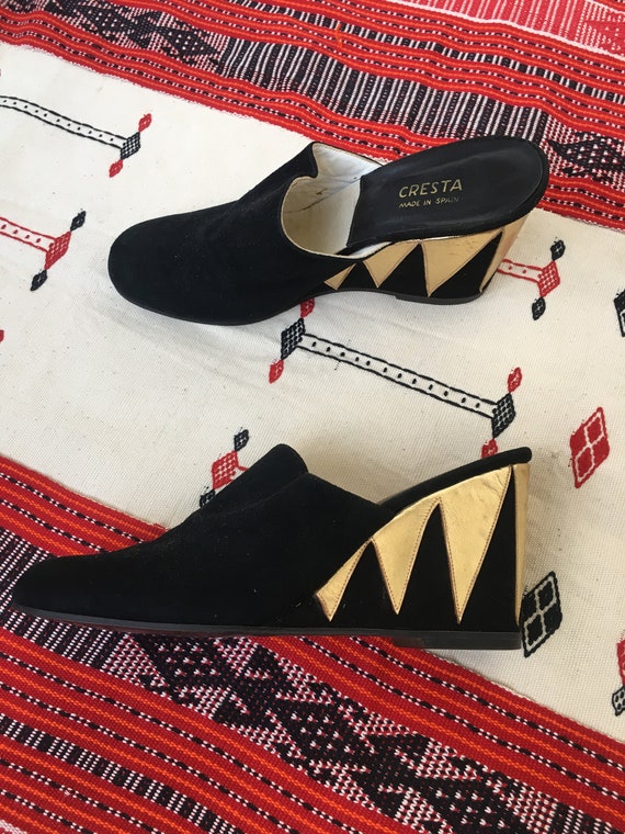 Vintage 70's Wedge Suede and Leather Mules / 70s … - image 3