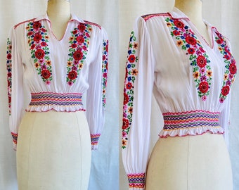 Vintage 70s Embroidered Peasant Blouse Bohemian Hungarian Folk Floral Boho Hippie Ethnic Festival Top