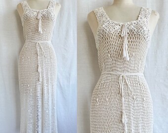 Vintage 70s Boho Cotton Crochet Hippie Bohemian Dress