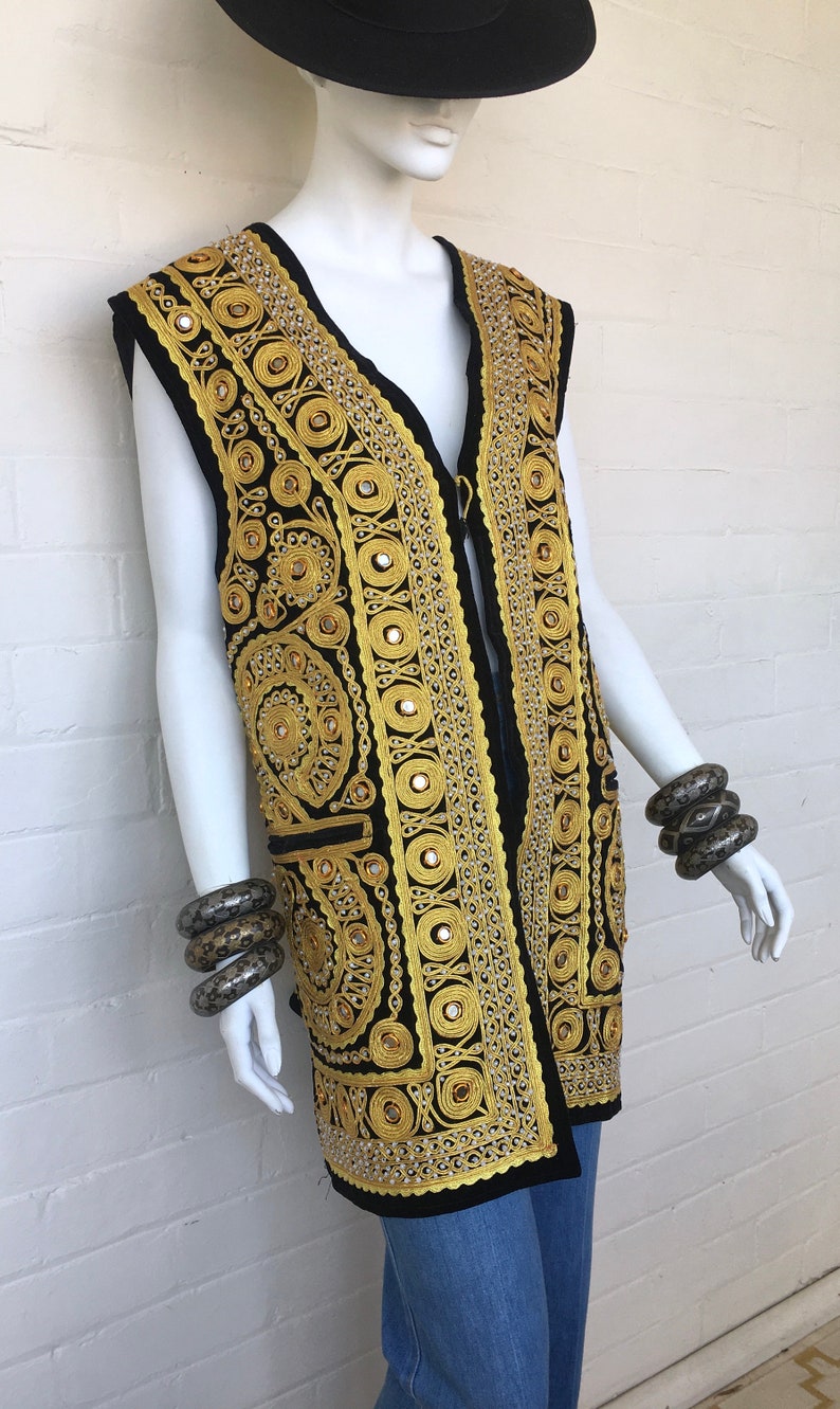 Vintage Embroidered Indian Afghan Velvet Vest Duster Ethnic Festival Hippie Woodstock Gold Thread Boho Gypsy waistcoat