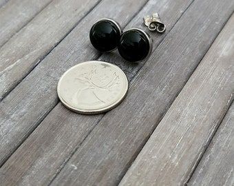 earrings, stud style, black fusion glass, hand cut, all stainless steel 11.9mm or less 1/2in.