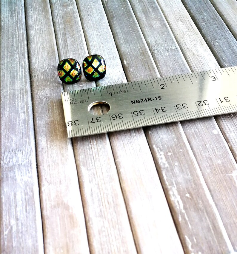 earrings, dichroic fusion glass, shiny copper gold diamond on black background, hand cut, stainless steel, less 1/2 in. 11.9mm. image 2