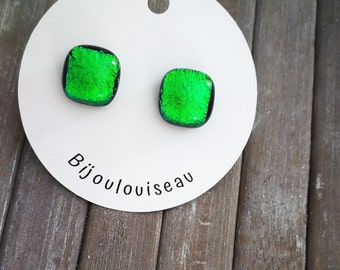 earrings,style nails ears glass fusion dichroique glossy green neon,hand-cut,stainless steel,minus 1/2 in.(11.8mm.)