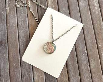 necklace with round pendant, dichroic fusion glass, yellow, salmon pink, green, hand-cut, stainless steel, chain 18 1/2 (47cm.)