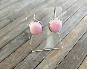 dangling earrings with hooks, pink fused glass, hand cut, stainless steel, 7/8 in. height. (22.2mm.)