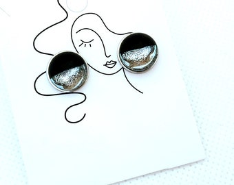 earrings, stud style in silver and black dichroic fusion glass, hand cut, stainless steel 11.9mm