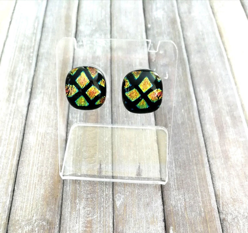 earrings, dichroic fusion glass, shiny copper gold diamond on black background, hand cut, stainless steel, less 1/2 in. 11.9mm. image 4