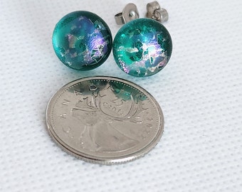 earrings, dichroic fusion glass stud earrings, turquoise green, mauve reflection and gold, 12.9mm or 1/2 in. stainless steel